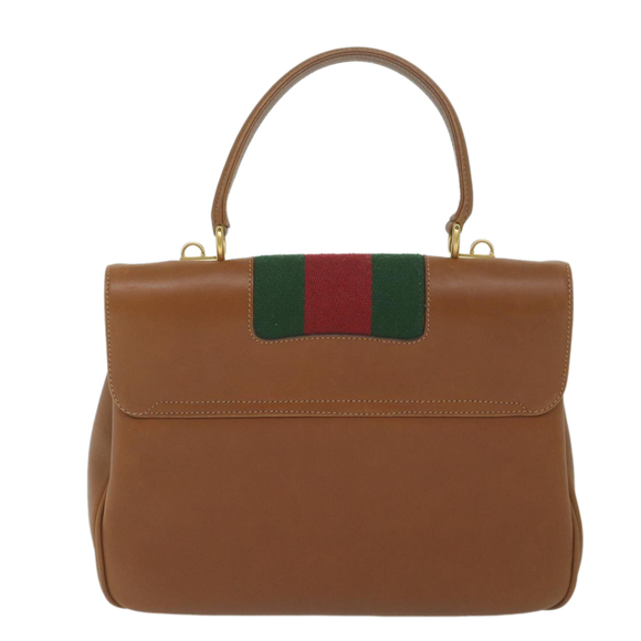 GUCCI Web Sherry Line Hand Bag Leather 2way Brown Red Green Auth 62520 - Picture 3 of 16